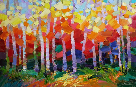 Bright colors of foliage, autumn forest painting, trees painting