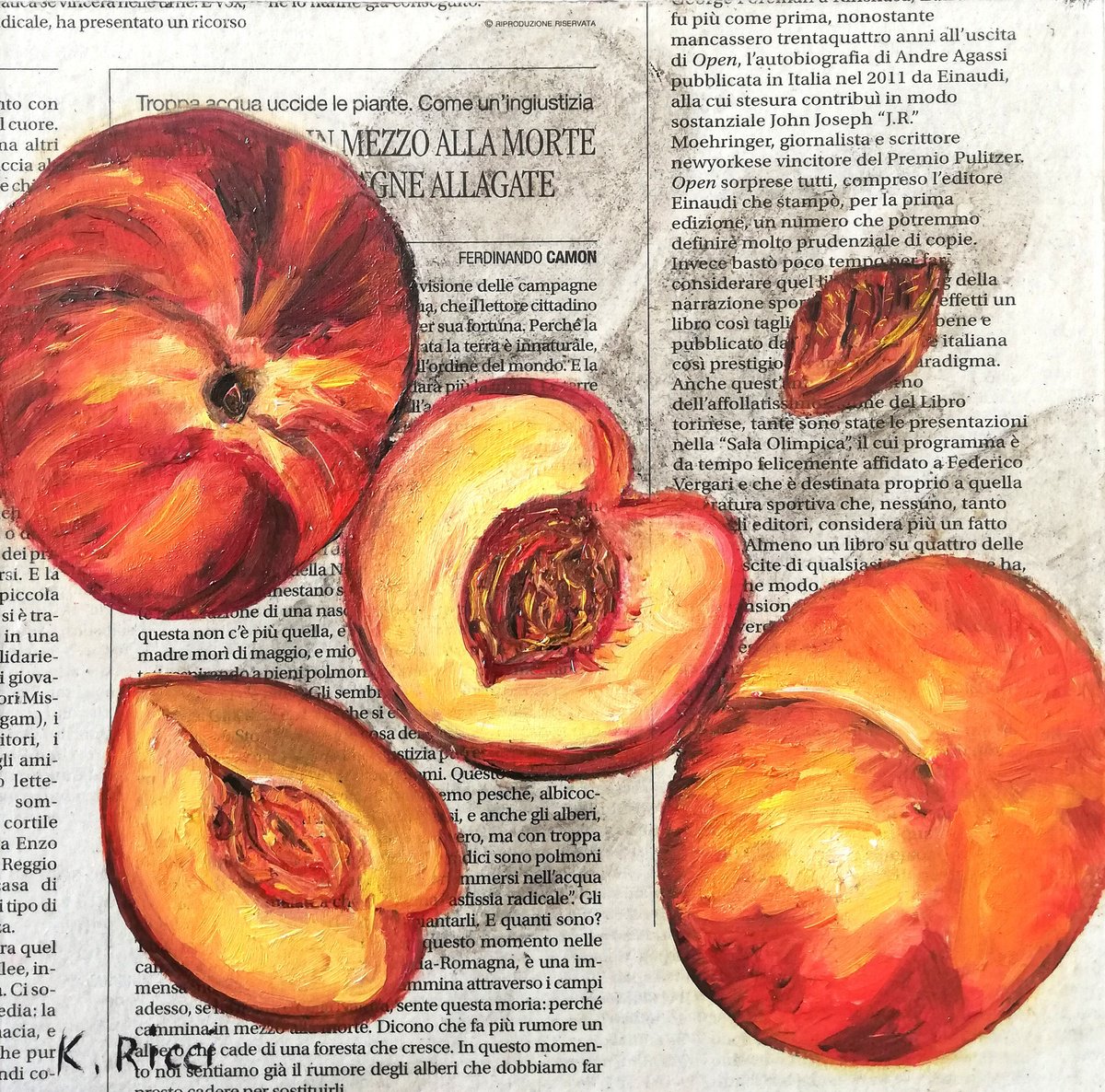 Peaches on Newspaper Original Oil on Wooden Board Painting 8 by 8(20x20cm) by Katia Ricci