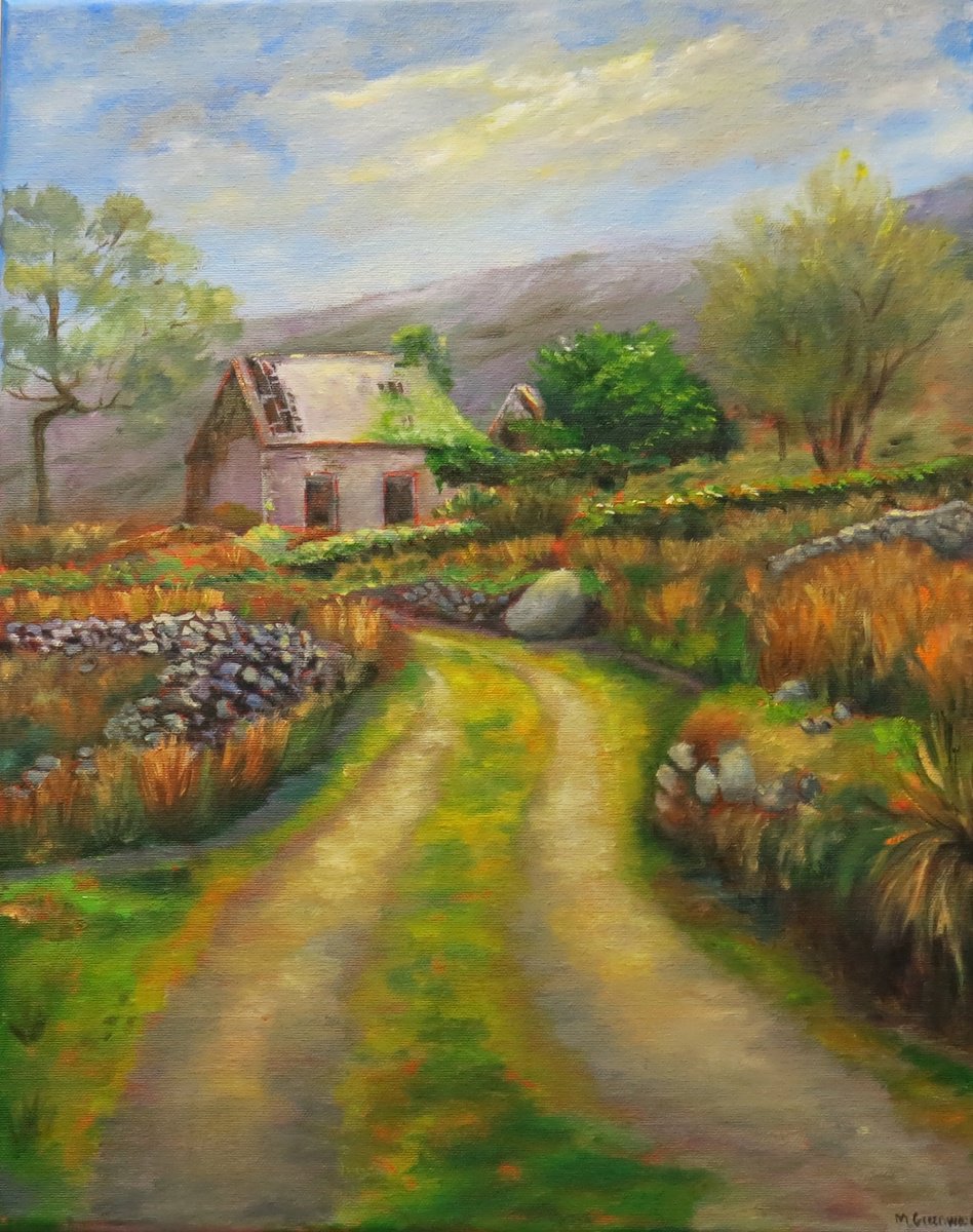 Impressionistic Landscape Oil Painting By Maureen Greenwood, 16 X 20", An Irish Country Cottage, Original Artwork
