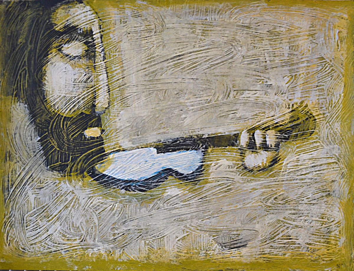 Naive Portrait Painting By Zhana Viel, 9 X 7", Whit Violin, Original Artwork