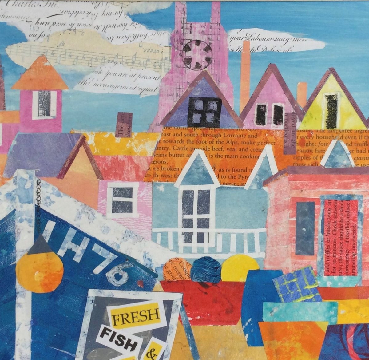 Abstract Collage By Dee Evans, 16 X 16, Fresh Fish And Crabs, Original Artwork