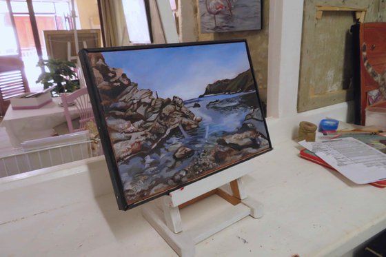 Portbou  Cove, Seascape, Orignial Oil Painting by Anne Zamo