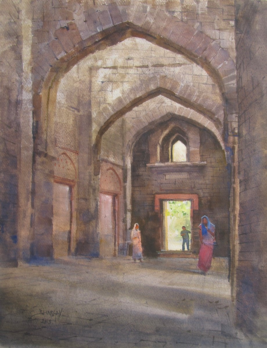 Impressionistic Cityscapes Watercolour By Bhargavkumar Kulkarni, 14 X 18, Jahaz Mahal, Mandu, Original Artwork