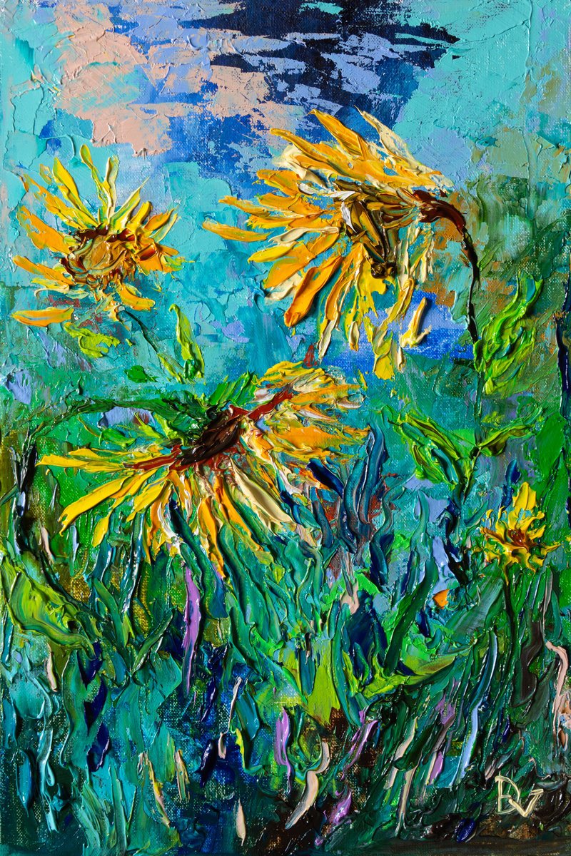 Impressionistic Botanical Oil Painting By Vladyslav Durniev, 8 X 12", Sunflowers, Original Artwork