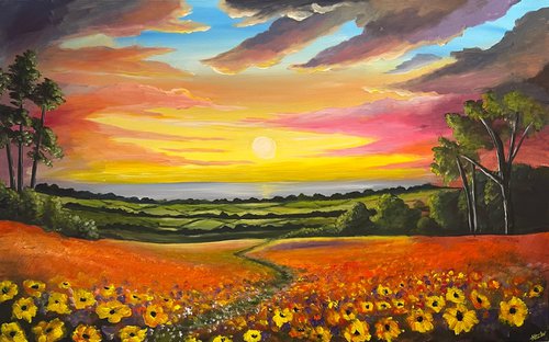 Fields Of Sunset Flowers by Aisha Haider