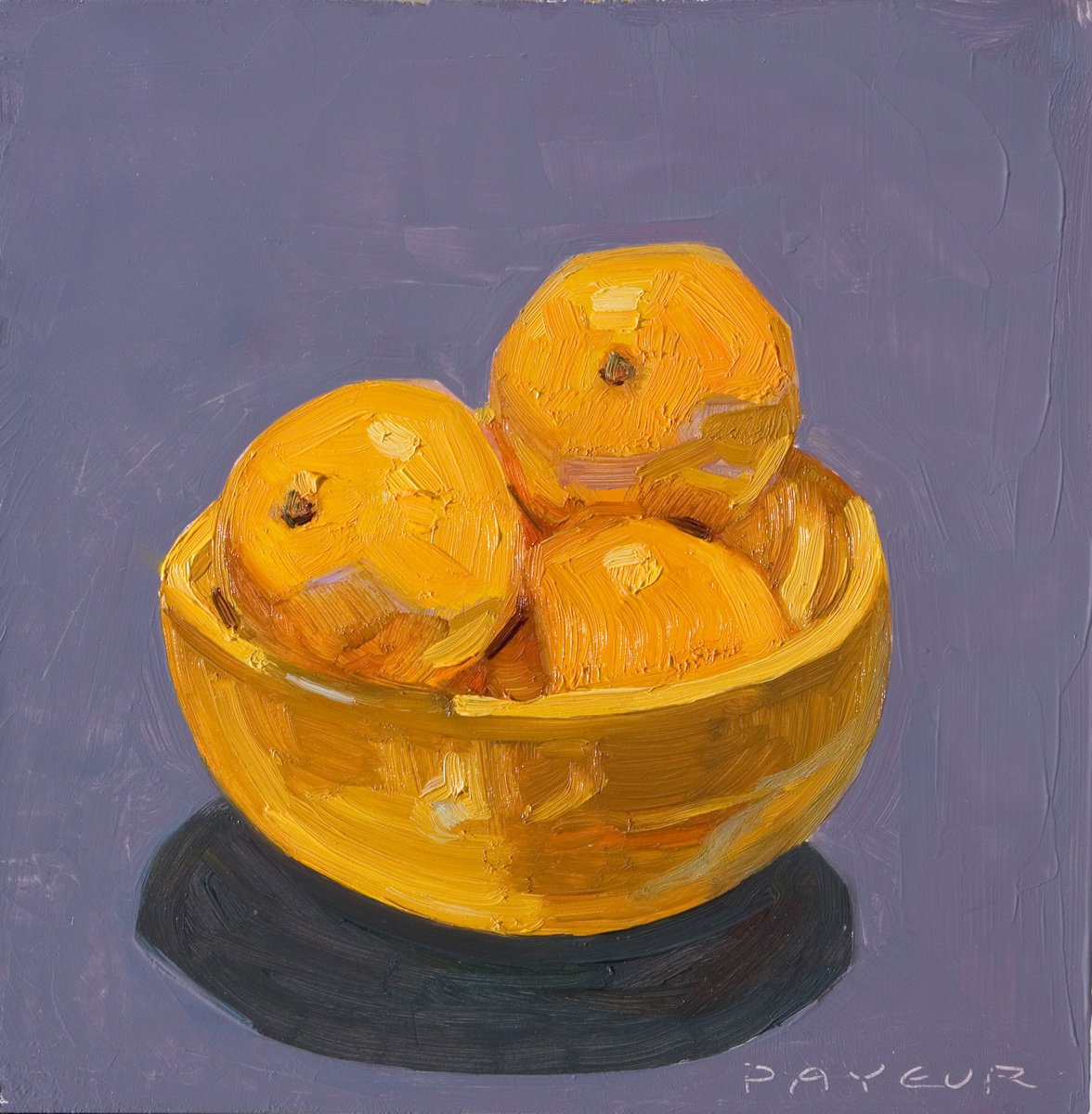 Impressionistic Still Life Oil Painting By Olivier Payeur, 9 X 9", Oranges On Blue, Original Artwork