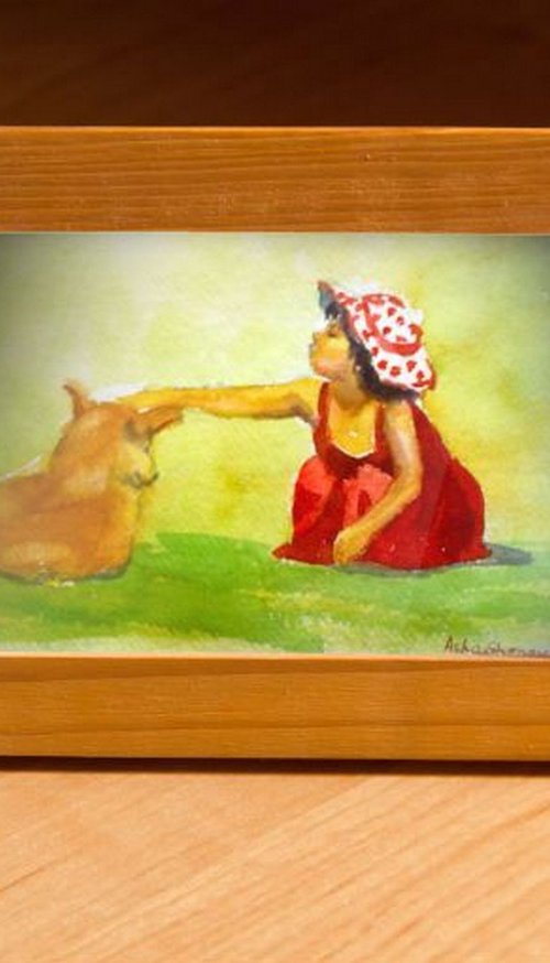 Little Girl in a red frock and her dog by Asha Shenoy