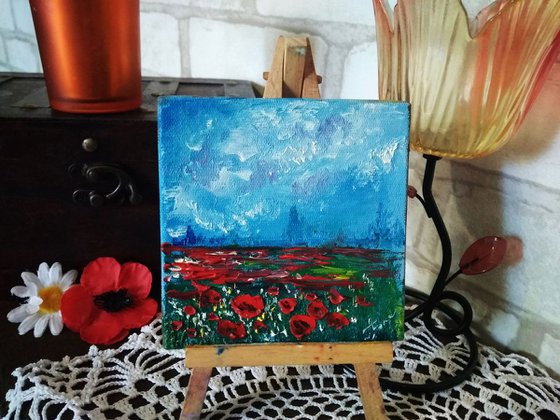 Flowering Landscape with poppies miniature painting