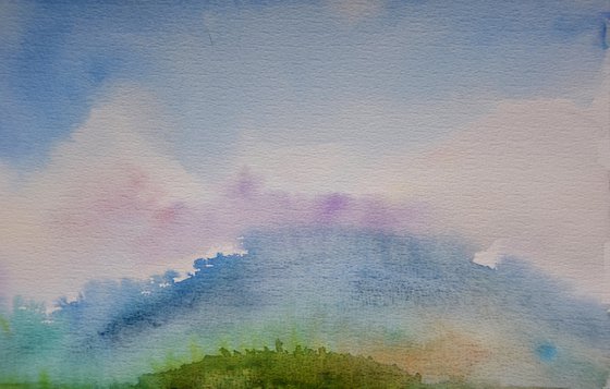 Landscape Original Watercolour Painting, Mountains Wall Art, Large Green Artwork