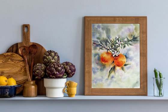 Tangerine tree - original watercolor painting - sunny orange and green color - Gifts for him - Gift for her