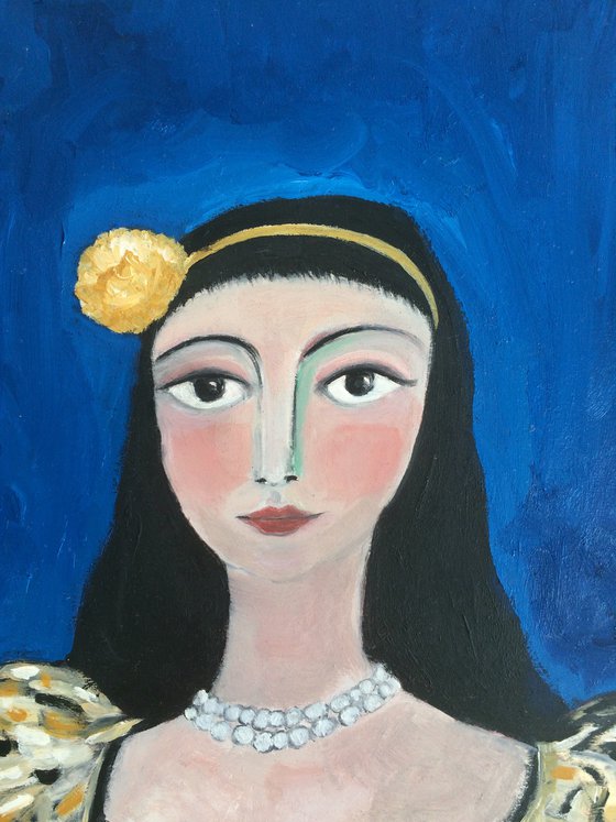 Lady with yellow flower. Portrait painting