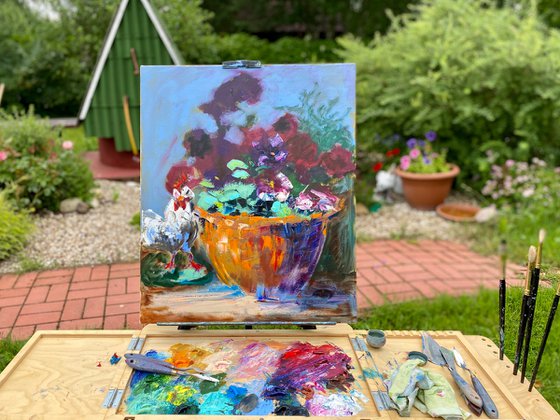 Country Life, 50*60, impressionistic oil still life garden flowers painting with impasto texture