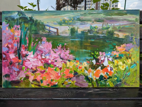 Summer impressions . Azalea and lake