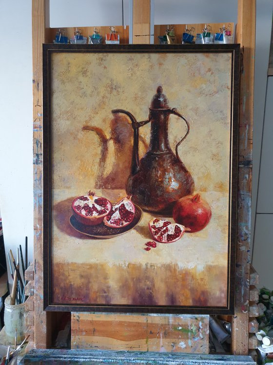 "Oriental still life with pomegranate"   still life pomegranate liGHt original painting PALETTE KNIFE  GIFT (2019)