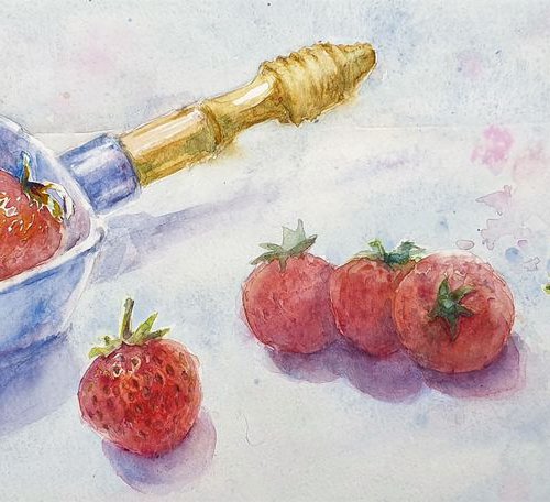 SERVING STRAWBERRIES original watercolour 50X20 by Beata van Wijngaarden