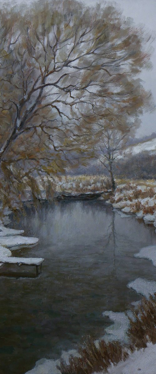 River winter landscape painting by Nikolay Dmitriev