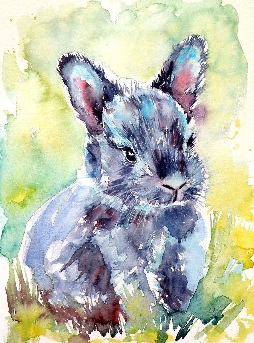 Impressionistic Animal Watercolour By Kovacs Anna Brigitta, 12 X 16", Gray Rabbit, Original Artwork