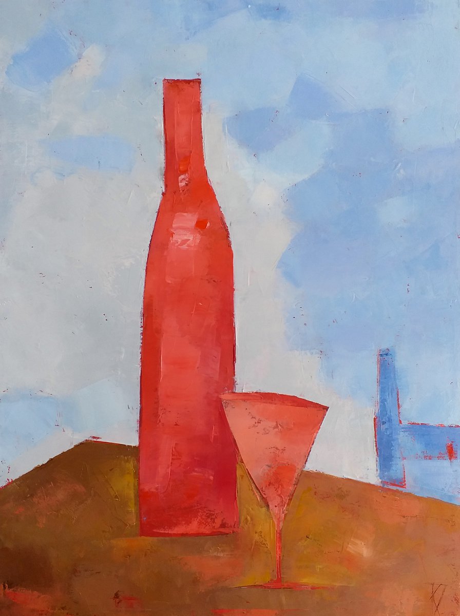 Abstract Oil Painting By Kestutis Jauniskis, 12 X 16", Table With A Bottle Of Wine, Original Artwork
