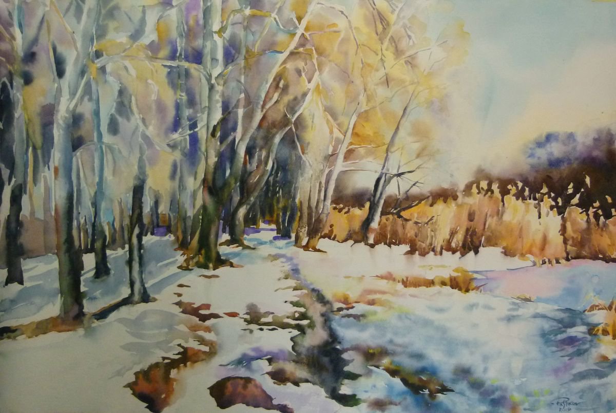 Impressionistic Landscape Watercolour By Yurii Pashkov, 37 X 25", March#2, Original Artwork