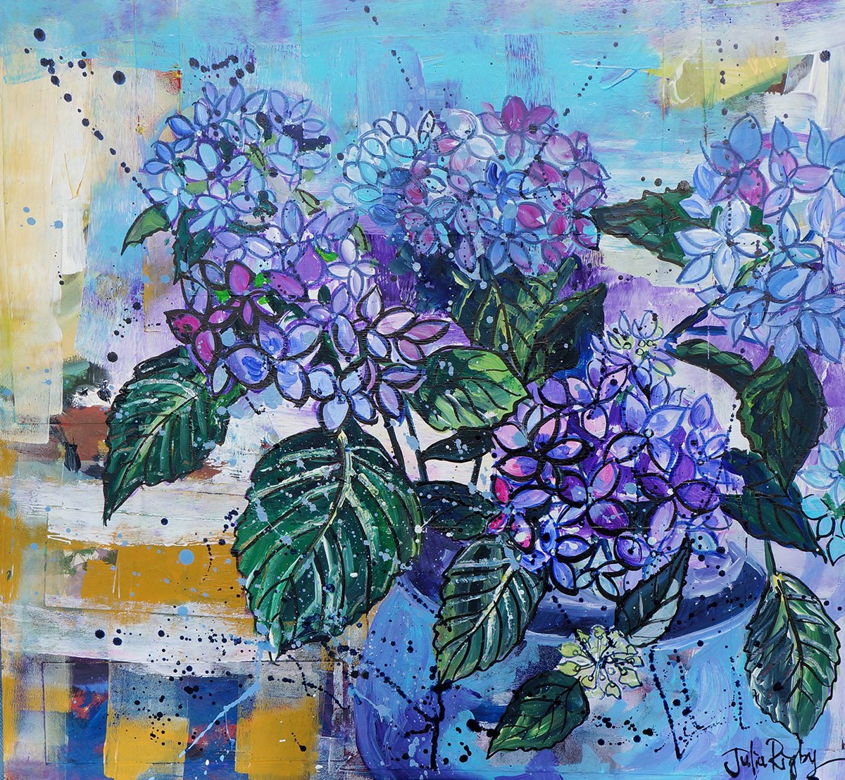 Impressionistic Botanical Painting By Julia Rigby, 22 X 22", Hydrangeas, Original Artwork