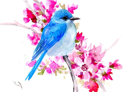 Mountain Bluebird and Spring Flowers by Suren Nersisyan