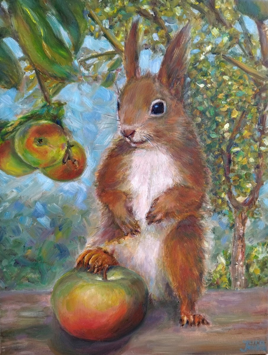 Photorealistic Animal Oil Painting By Jura Kuba Art, 12 X 16", Squirrel With An Apple, Original Artwork