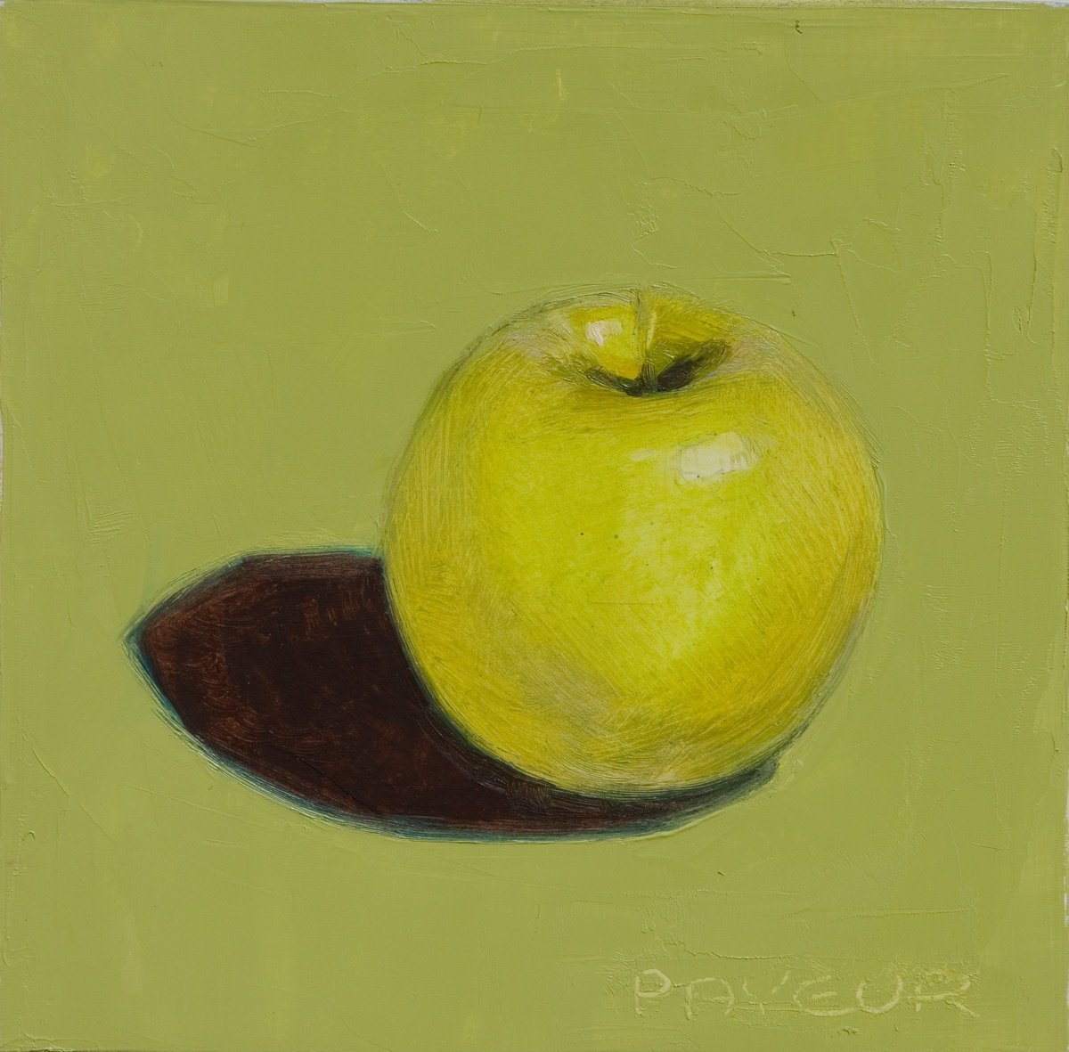 modern still life of green apple on green background by Olivier Payeur