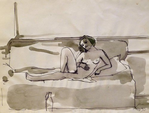 Nude on the sofa, 28x21 cm by Frederic Belaubre