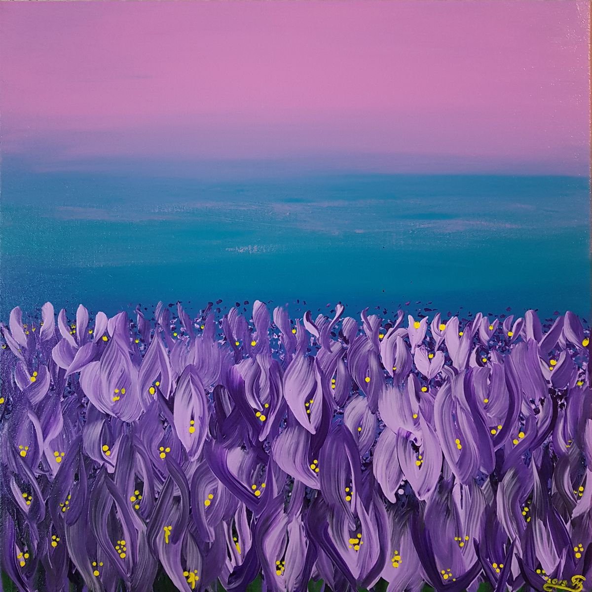Expressive Landscape Acrylic Painting By Silvija Horvat, 20 X 20", Violet Horizon, Original Artwork