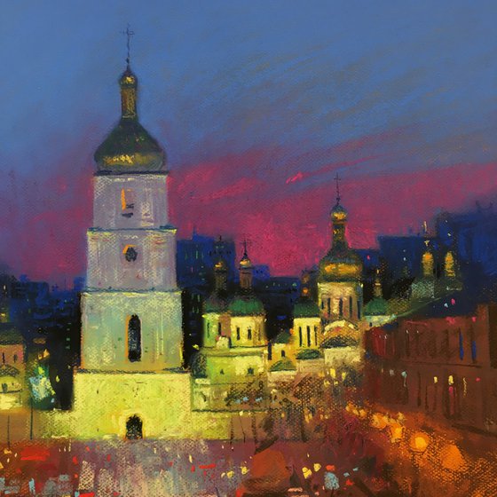 Night city Kyiv Ukraine Soft pastel 19.6x19.6 inch (50x50 cm)