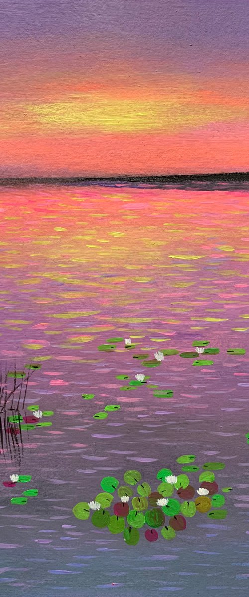 Water lily pond at sunset - 5 ! Painting on paper by Amita Dand