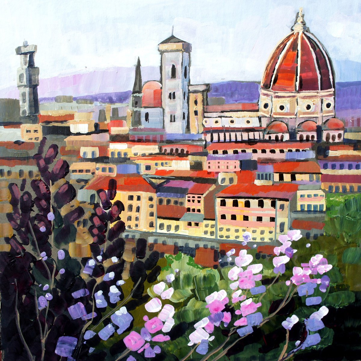 Impressionistic Landscape Acrylic Painting By Julia Rigby, 20 X 20", Florence - From The Piazzale Michelangelo, Original Artwork
