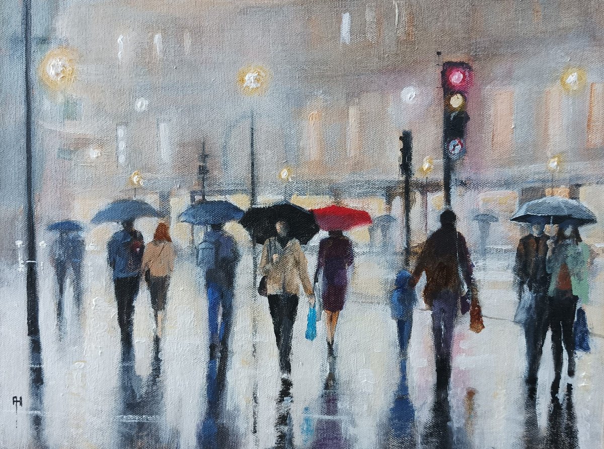 Impressionistic Cityscapes Acrylic Painting By Alan Harris, 16 X 12, London Shoppers, Original Artwork