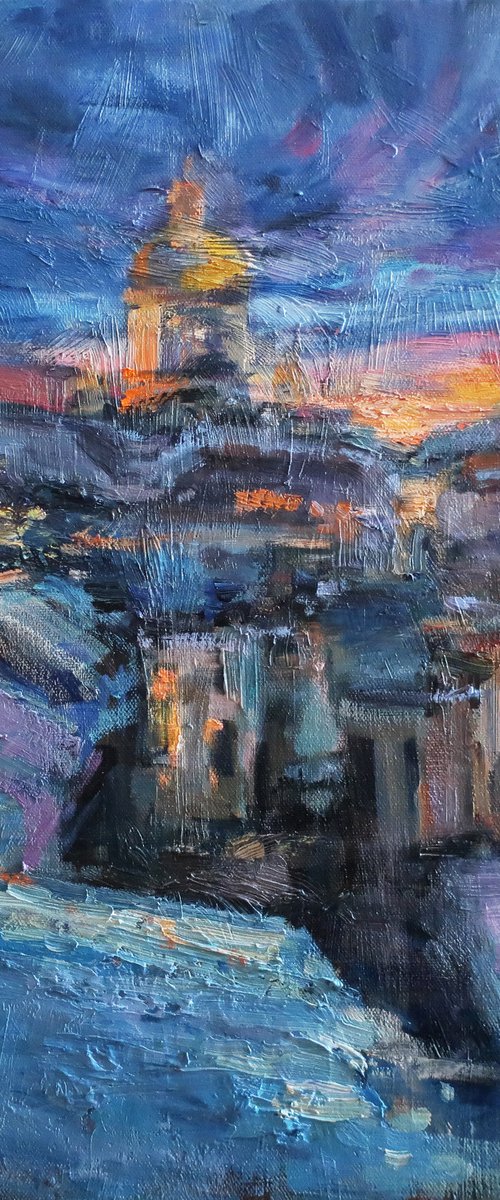 Oil painting Roofs City Sunset Night by Anna Shchapova