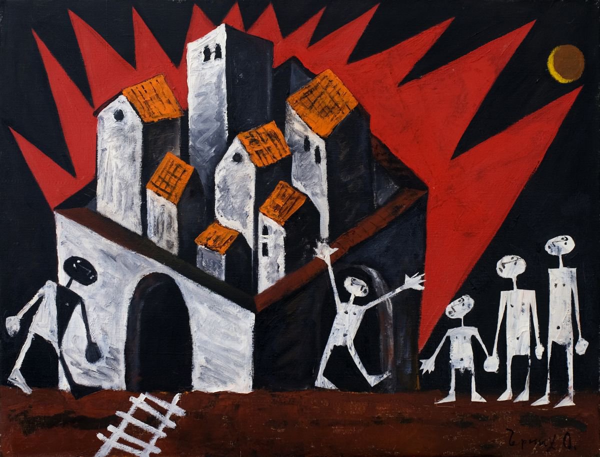 Fire in the town. 1999. Oil, canvas. 50x65 cm by Oleg Chernykh