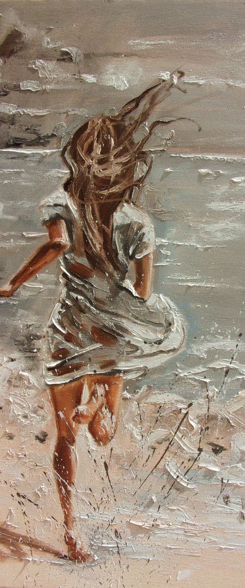 MONIKA LUNIAK " BY THE SEA ... "- SKY SEA SAND liGHt  ORIGINAL OIL PAINTING, GIFT, PALETTE KNIFE by Monika Luniak