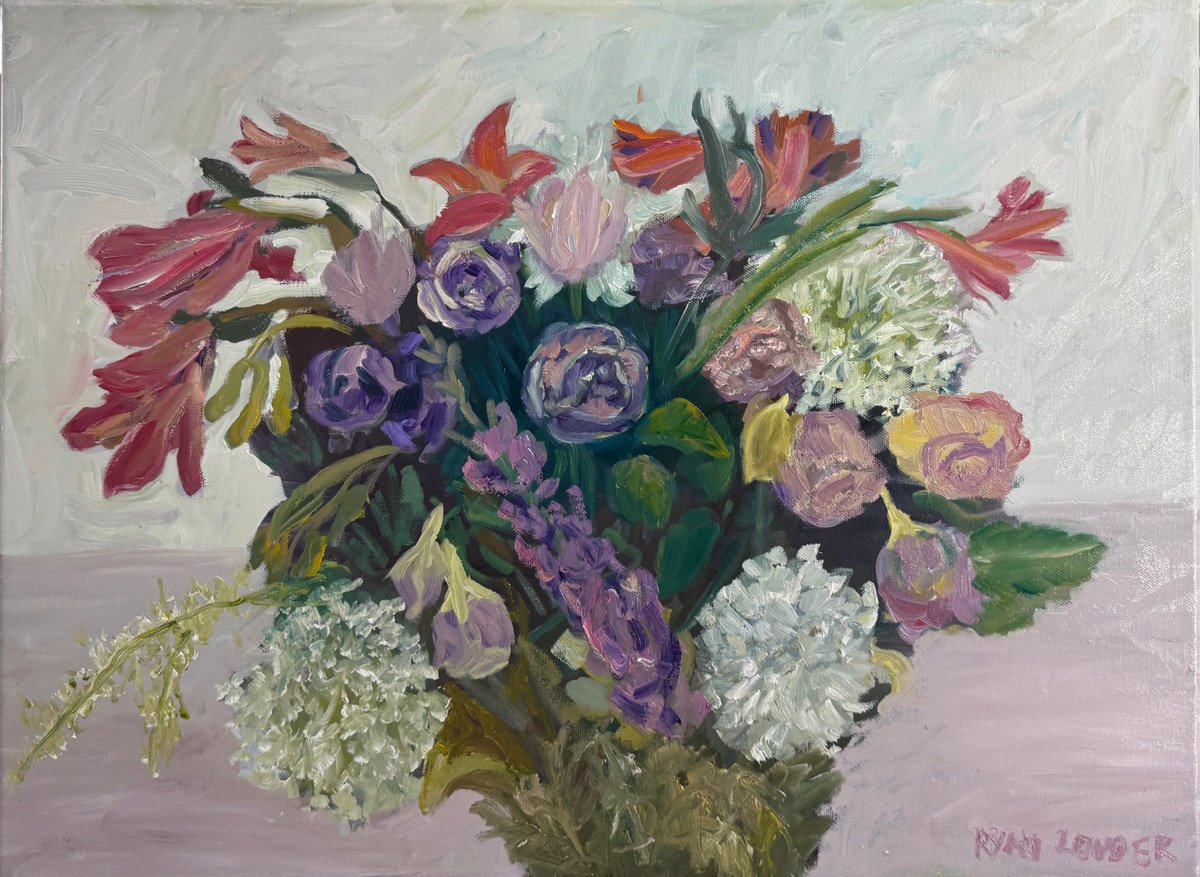Expressive Botanical Oil Painting By Ryan Louder, 24 X 18", Flowers On A White Table No.2, Original Artwork