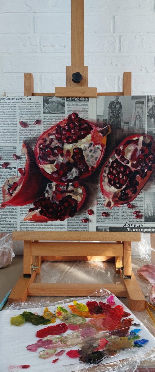 Pomegranate newspaper art by Svitlana Brazhnikova