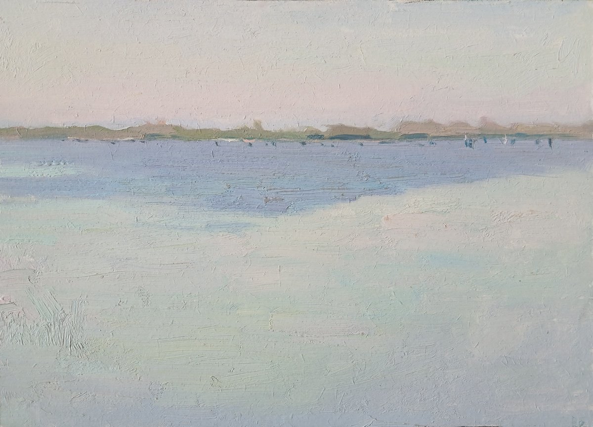 Impressionistic Landscape Oil Painting By Vasyl Koval, 17 X 12", Morning On The Estuary, Original Artwork