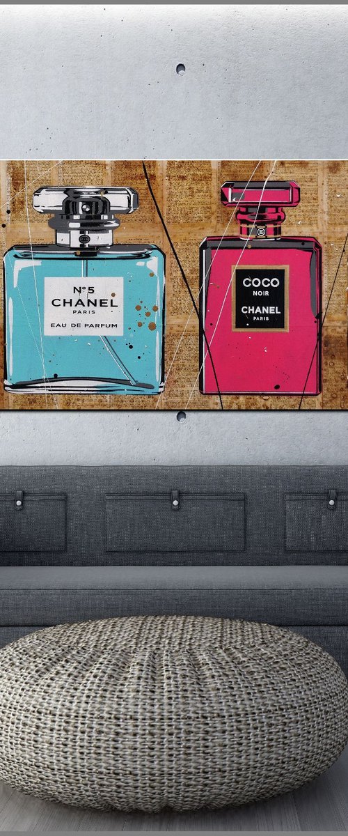 Fragrance 160cm x 60cm Chanel Perfume Bottles Book Page Urban Pop Art by Franko