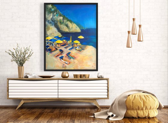 Umbrellas in the Sun in the Blue Bay