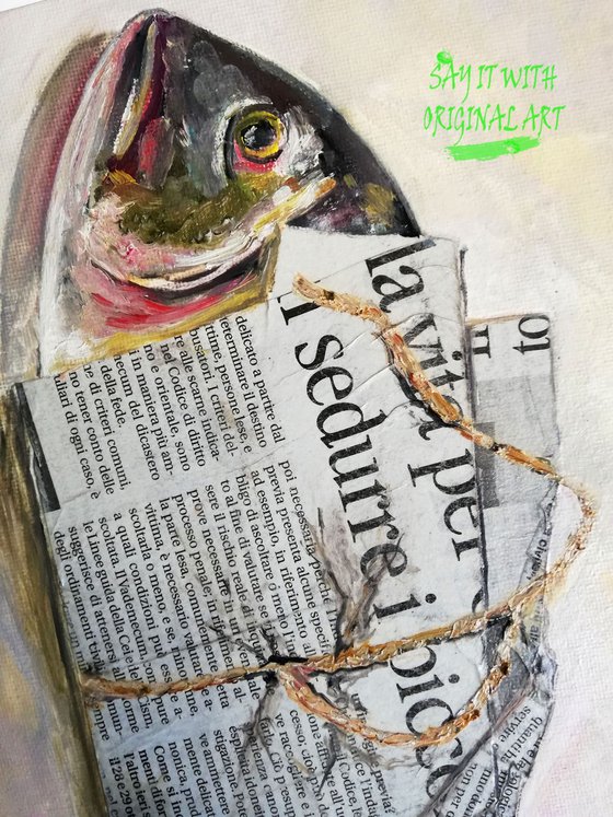 "Fish wrapped in a Newspaper Bag" Original Oil on Canvas Board Painting 12 by 10" (30x25cm)