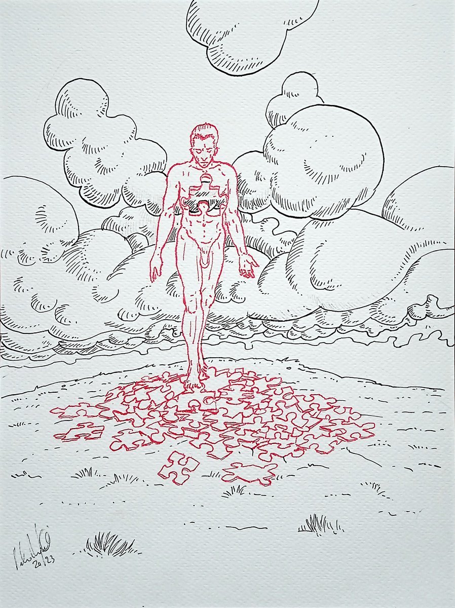 Illustrative Portrait Ink Drawing By Paolo Beneforti, 7 X 9", The Missing Piece, Original Artwork