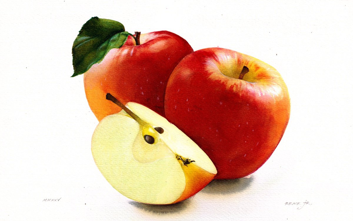 Photorealistic Still Life Watercolour By Reme Jr., 13 X 8", Apples, Original Artwork