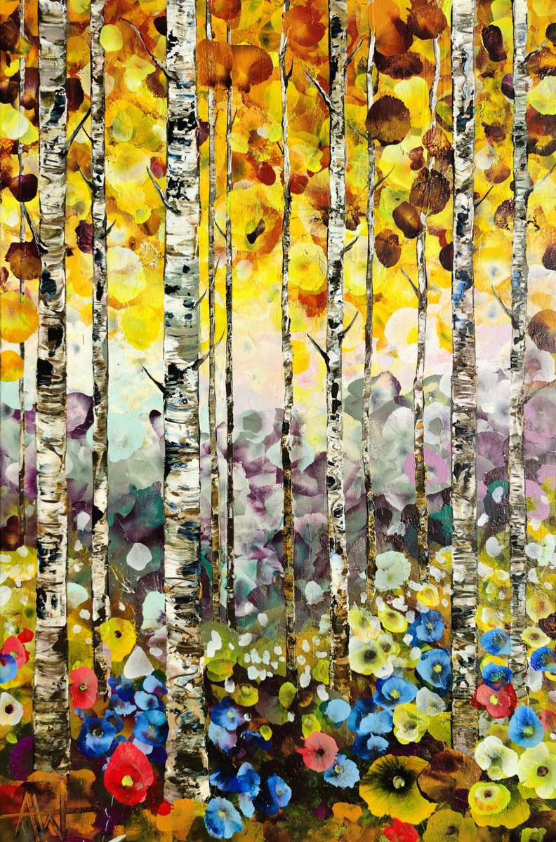 Impressionistic Botanical Acrylic Painting By Angie Wright, 24 X 35, Golden Birch Garden, Original Artwork