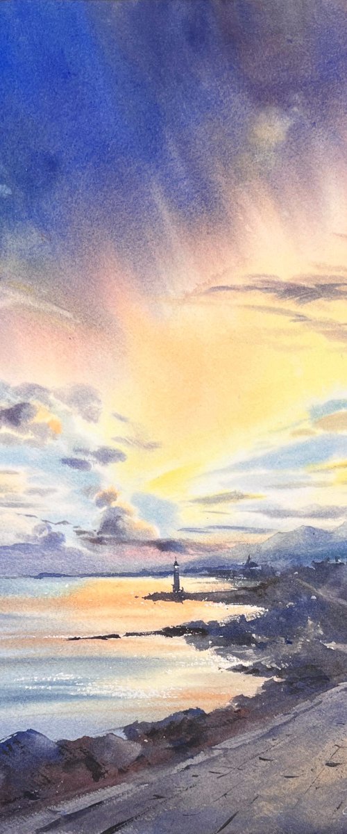 Sunset Road and Lighthouse by Eugenia Gorbacheva