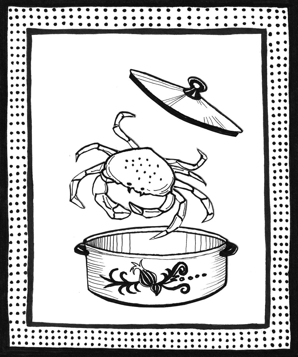 Still Life Ink Drawing By Andromachi Giannopoulou, 5 X 6, Crab Soup, Original Artwork