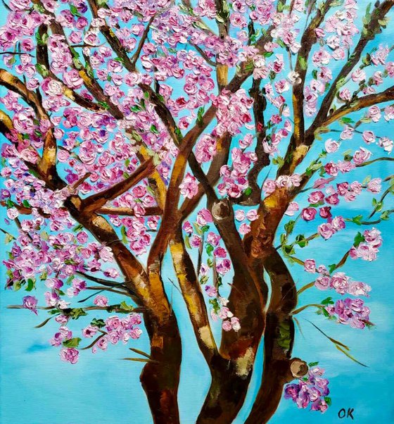 CHERRY  blossom , spring in London white, pink, turquoise 62x66cm ready to hang oil painting