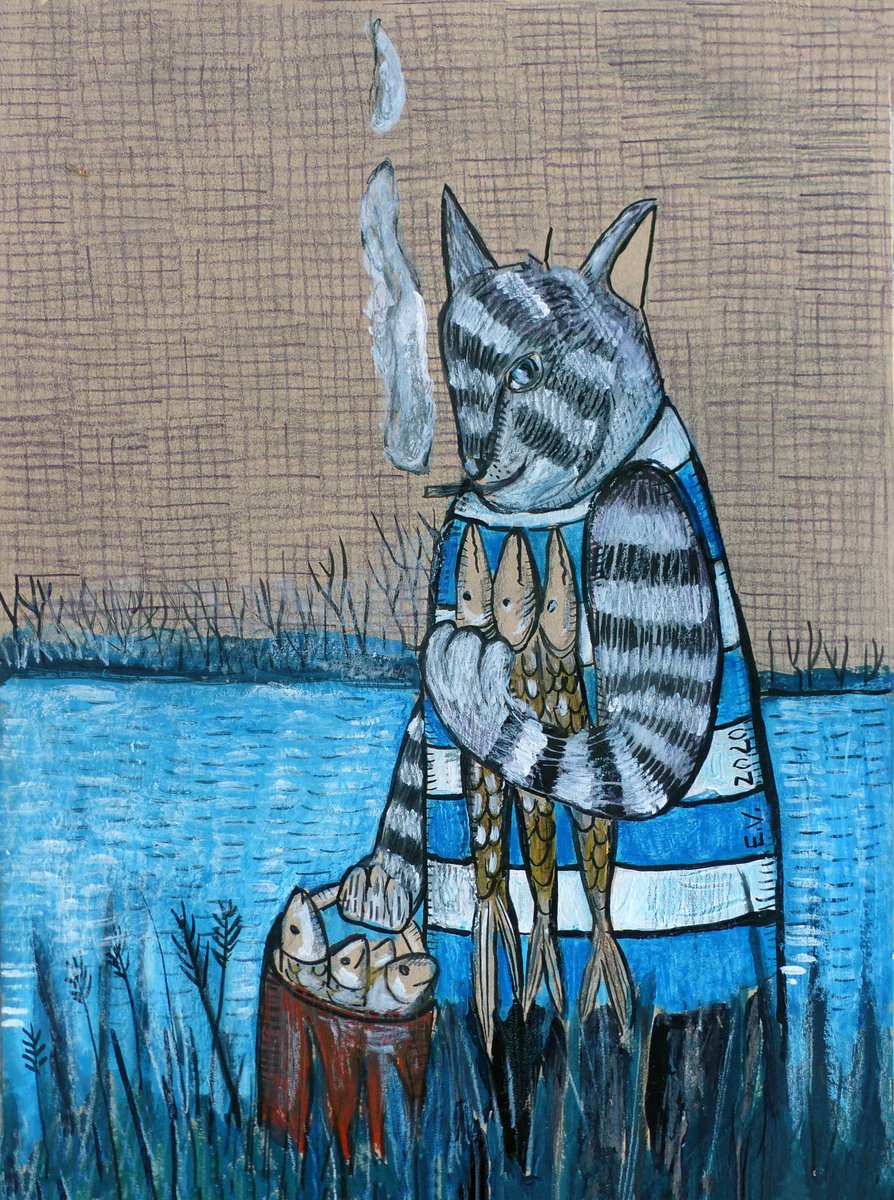 Expressive Animal Painting By Elizabeth Vlasova, 9 X 12, Fisherman, Original Artwork