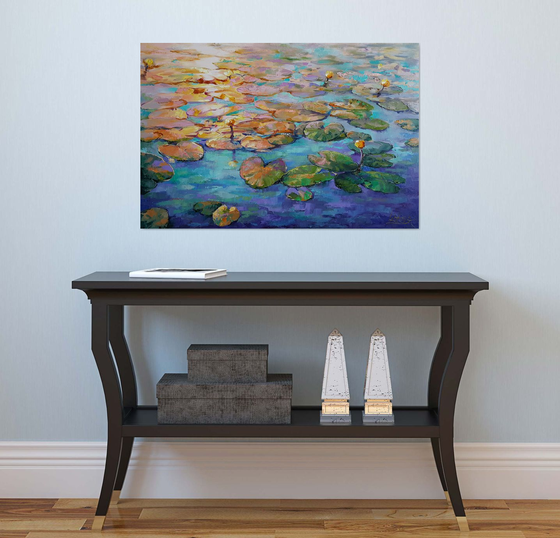 Painting - Water lilies at sunset - lily pond, original oil